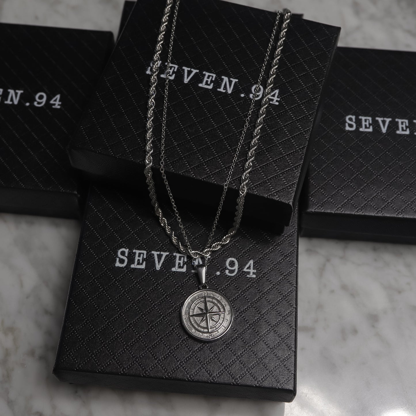 Compass Necklace Rope Silver Set