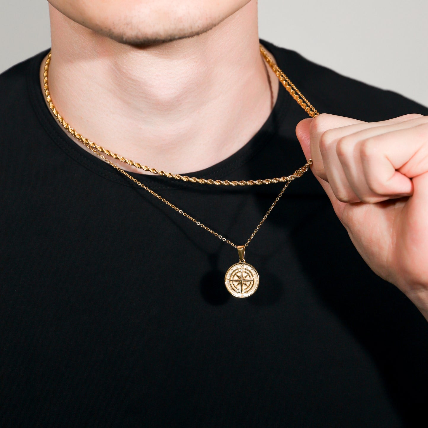 Compass Necklace Rope Gold Set
