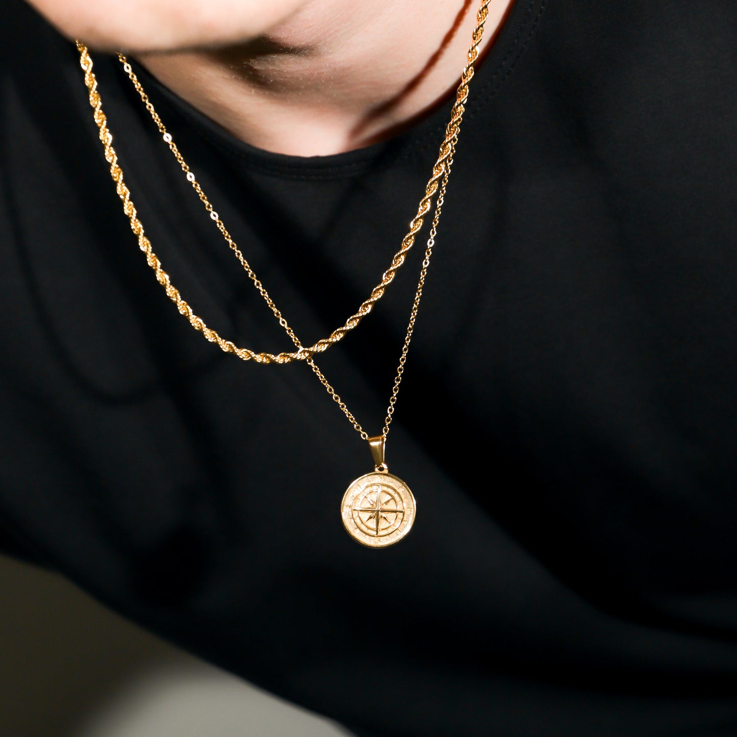 Compass Necklace Rope Gold Set