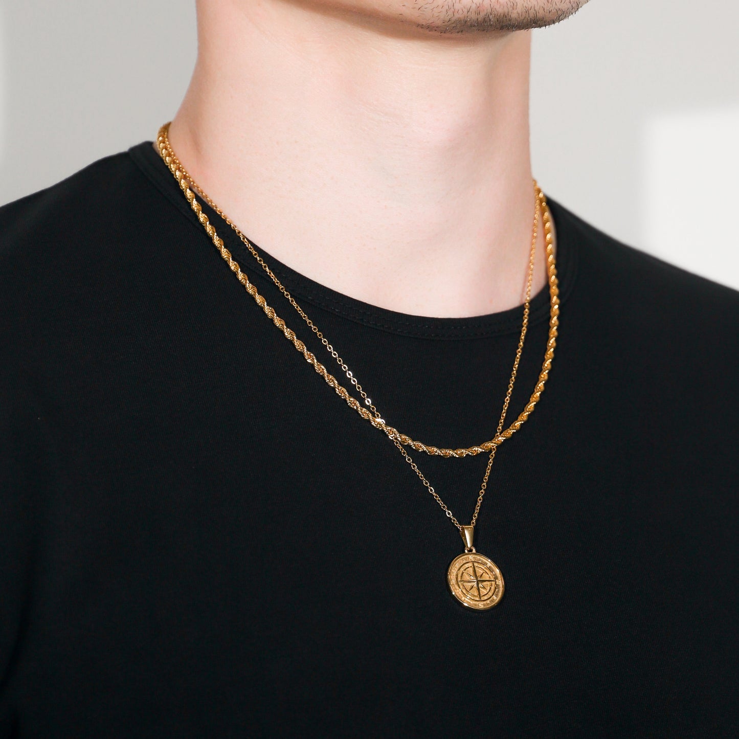 Compass Necklace Rope Silver Set
