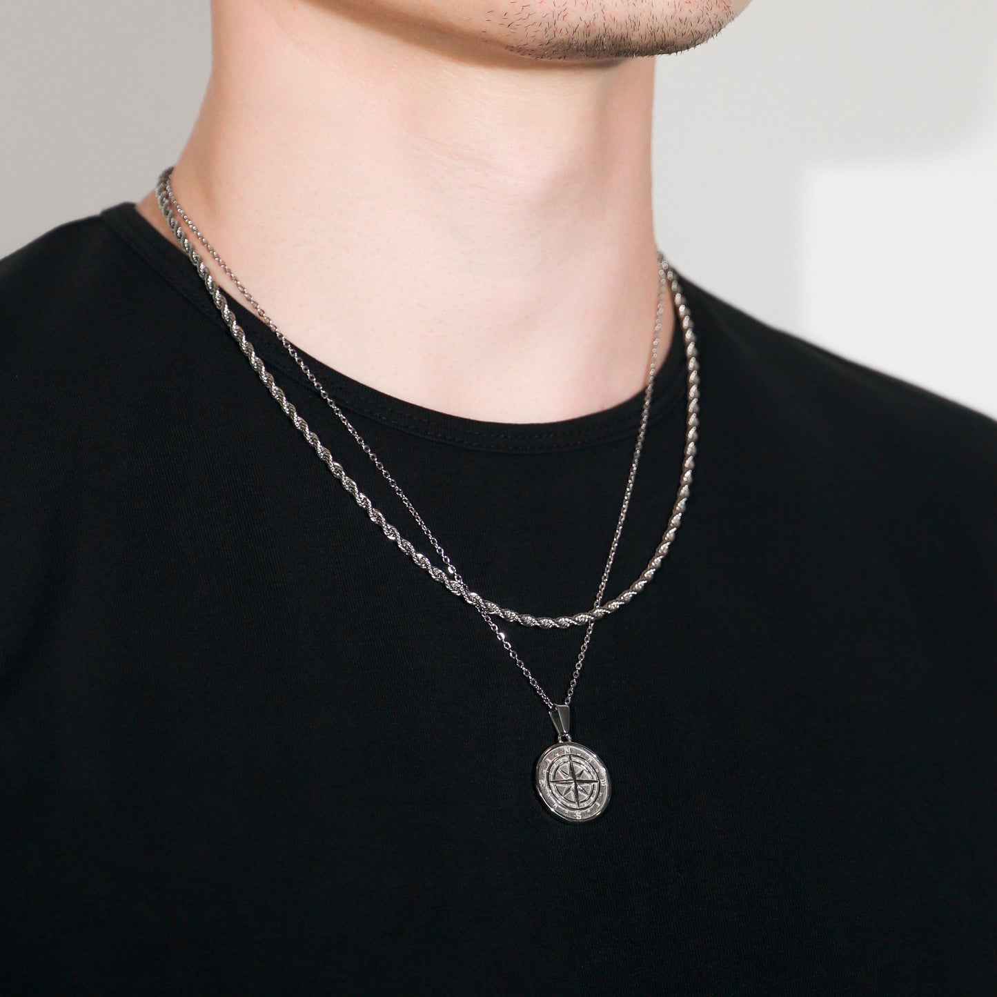 Compass Necklace Rope Silver Set