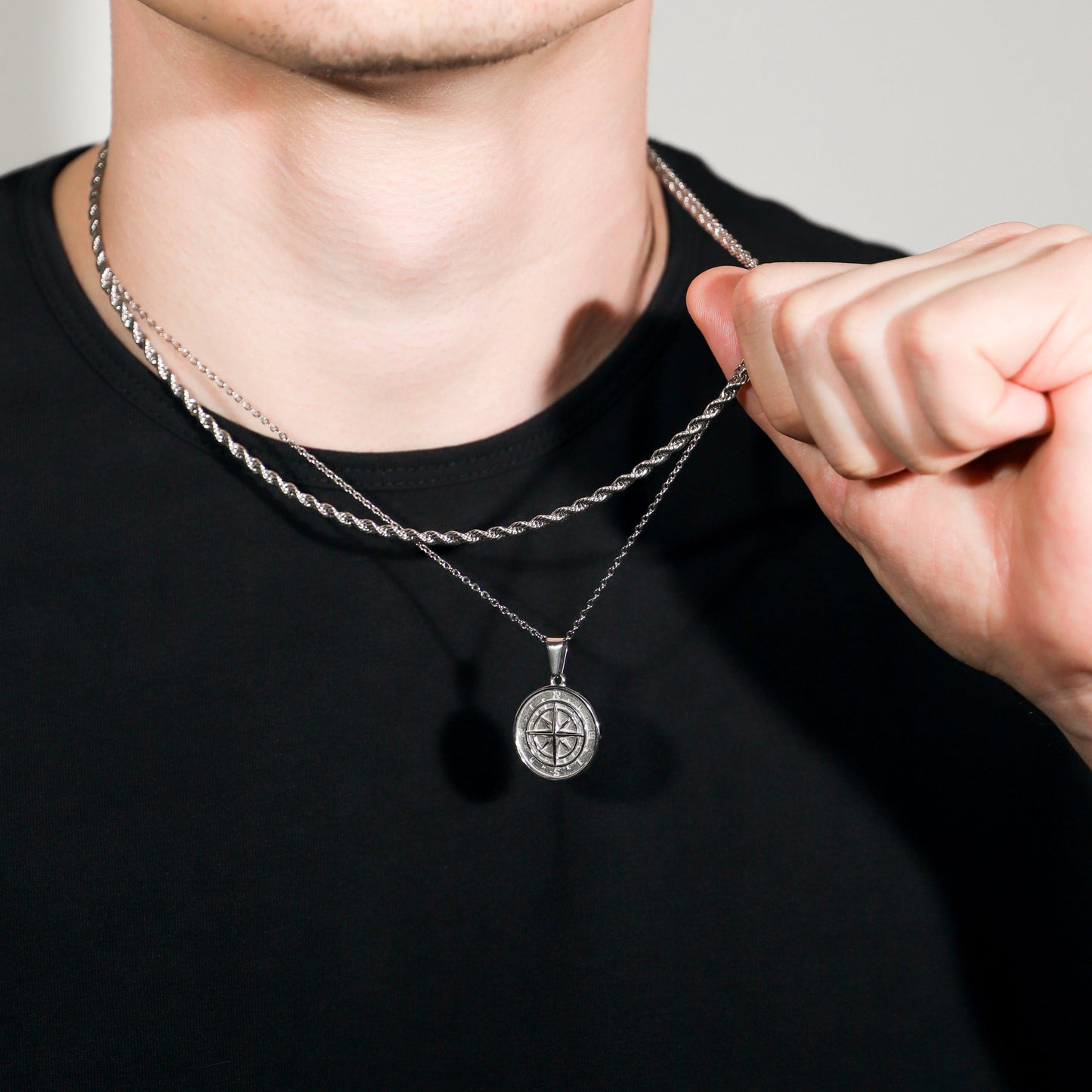 Compass Necklace Rope Silver Set