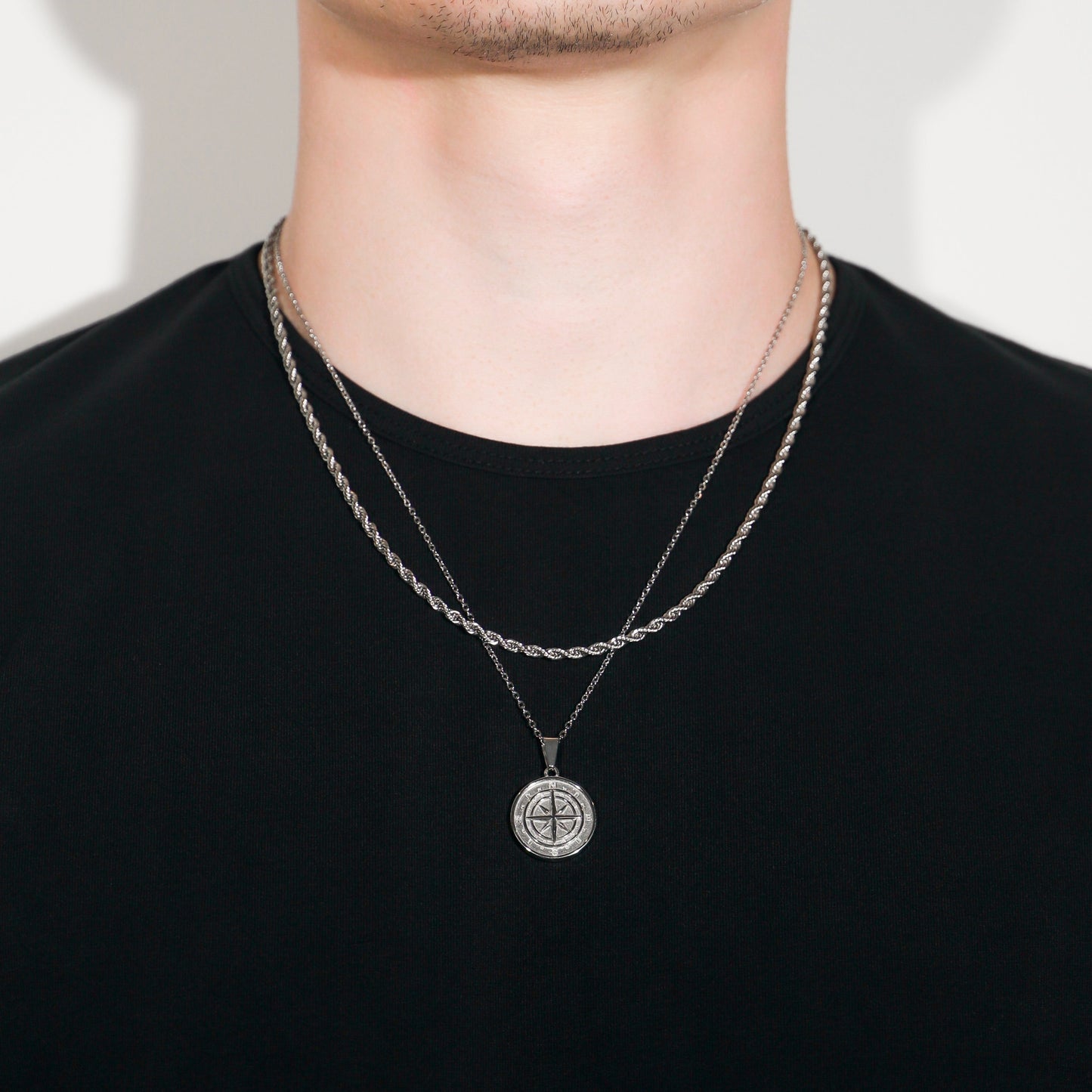 Compass Necklace Rope Silver Set