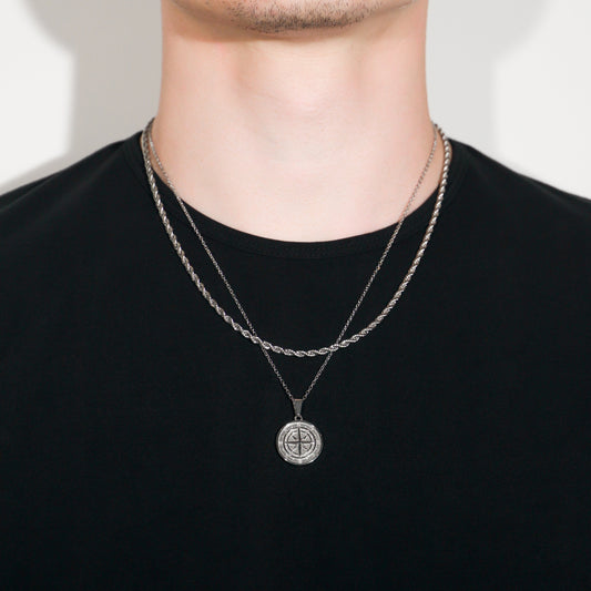 Compass Necklace Rope Silver Set