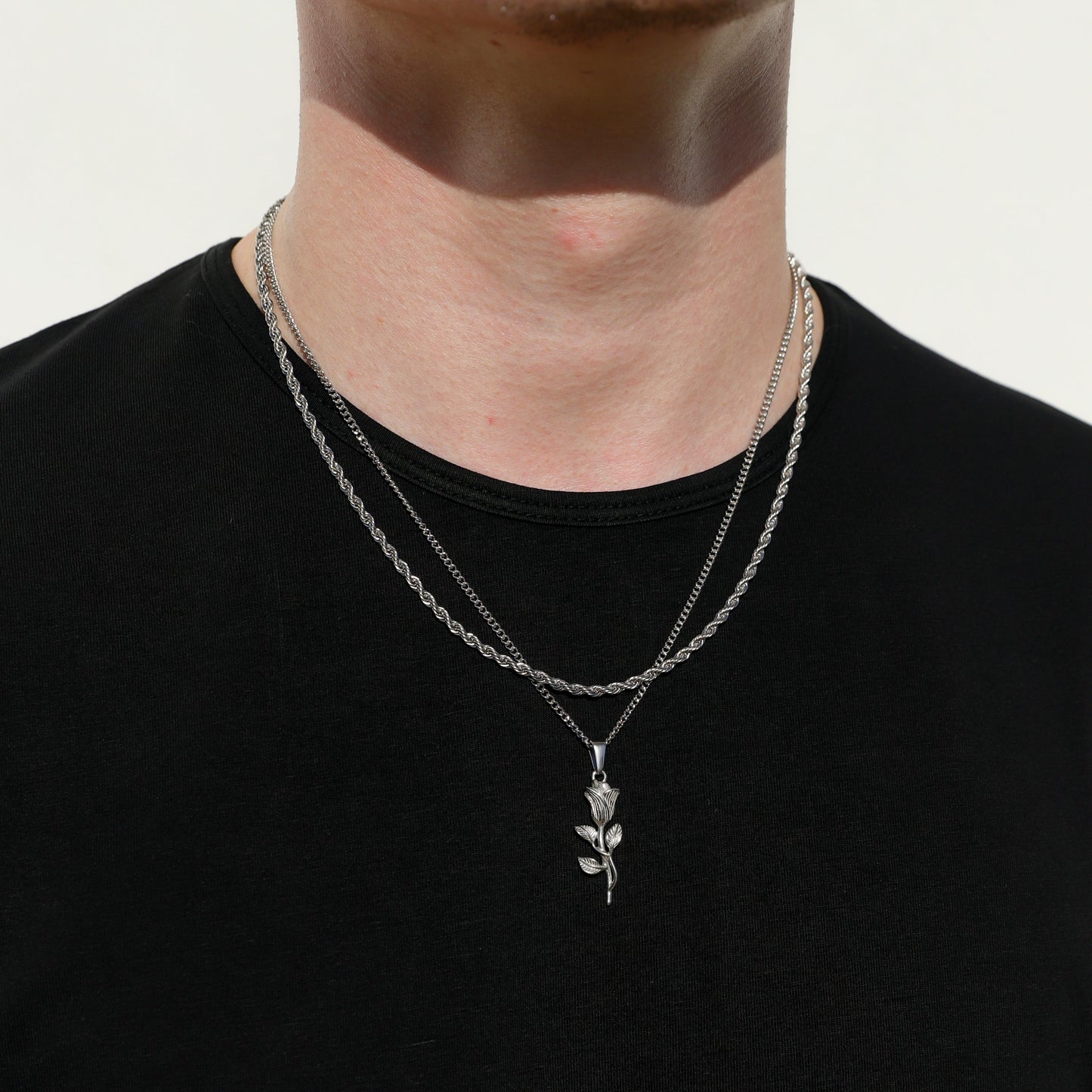 Rose Pendant Silver Rope Set