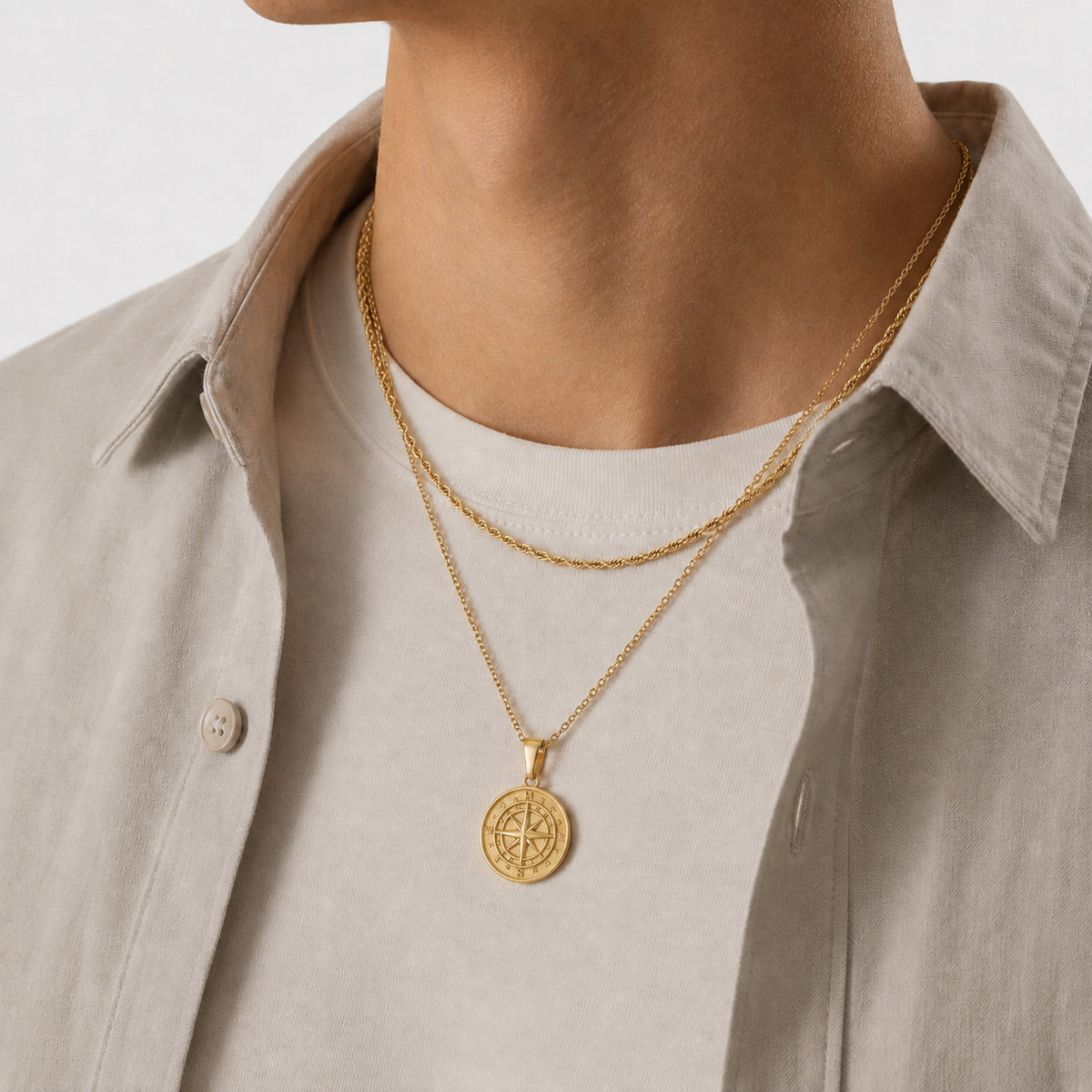 Compass Necklace Rope Gold Set