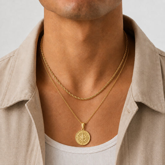 Compass Necklace Rope Gold Set
