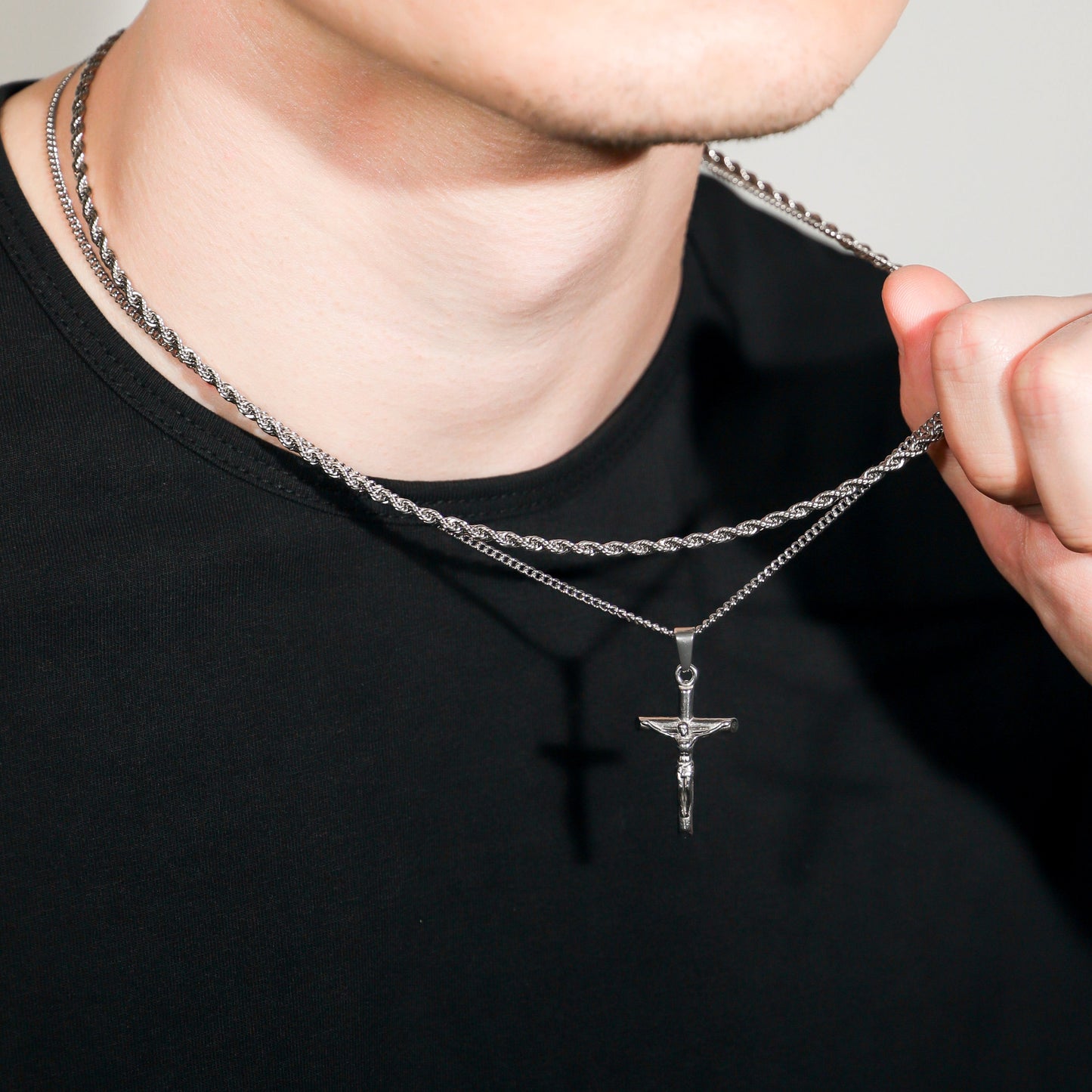 Crucifix Pendant Rope Silver Set