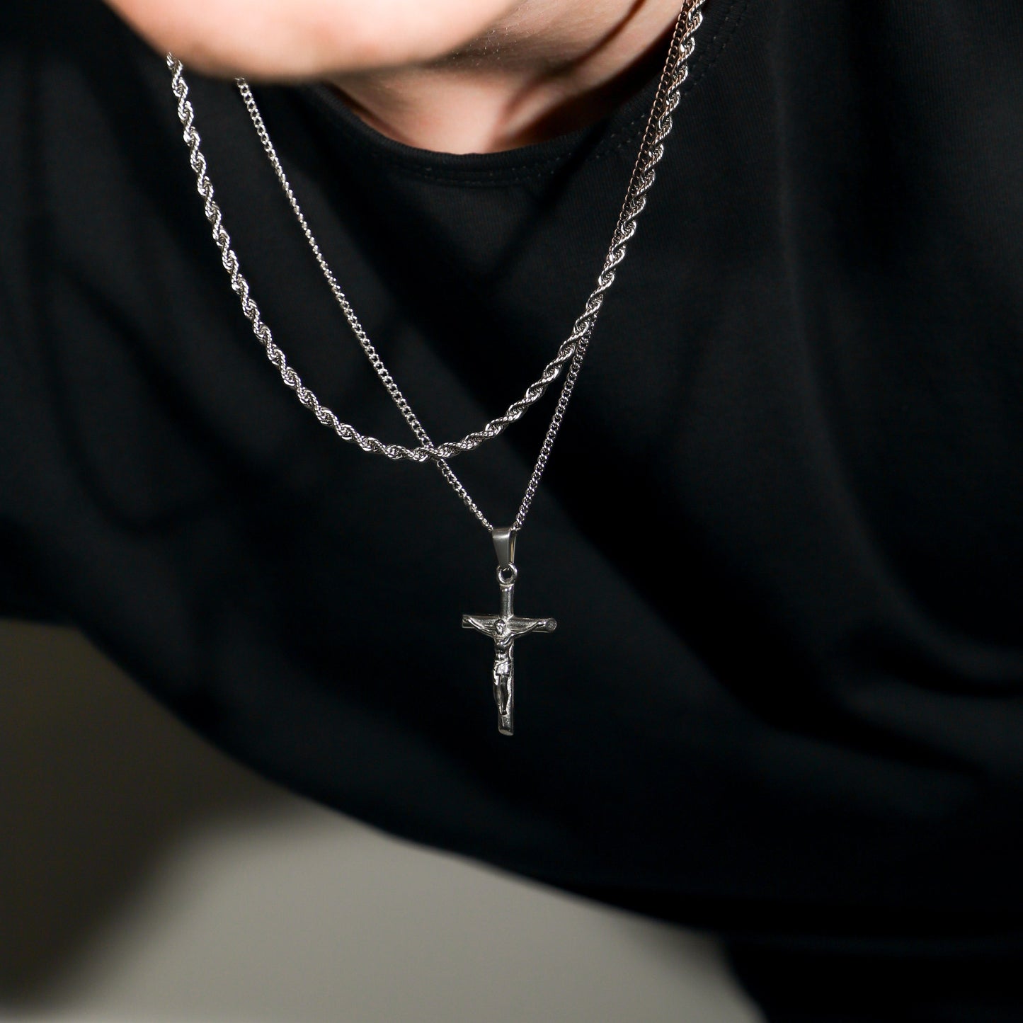 Crucifix Pendant Rope Silver Set