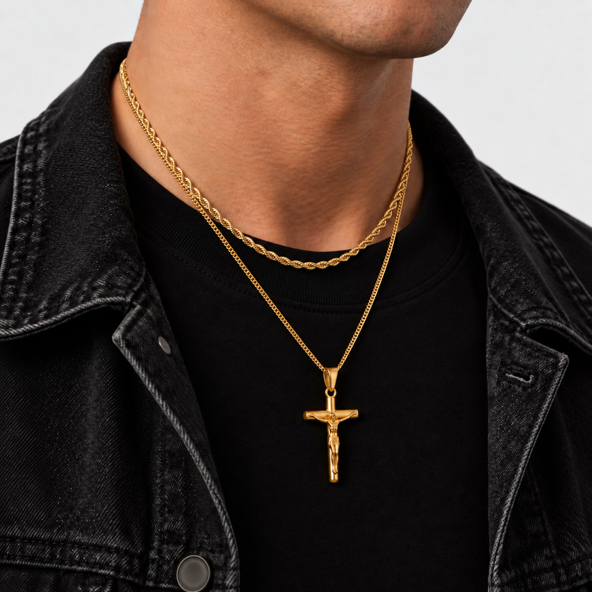 Crucifix Pendant Rope Gold Set