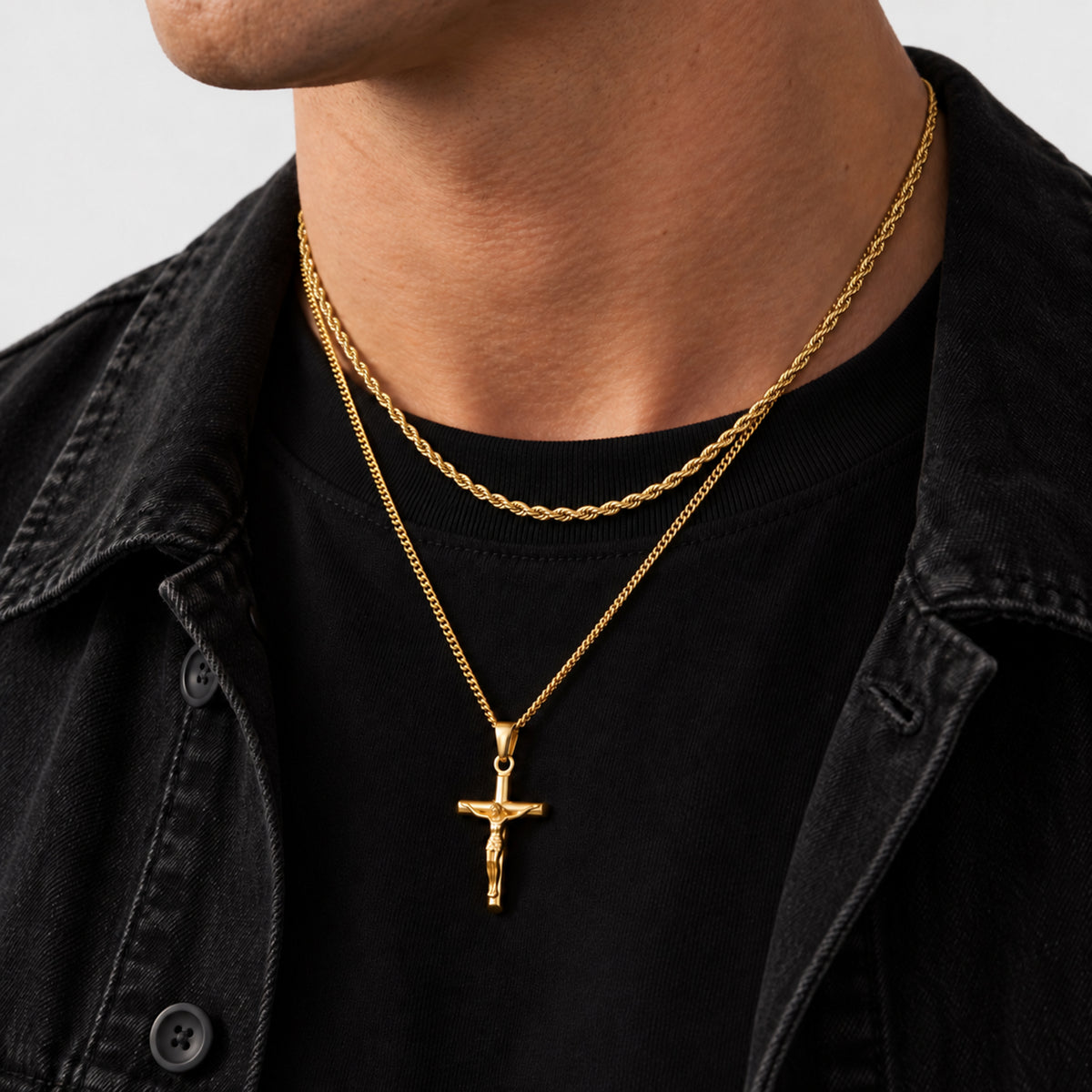 Crucifix Pendant Rope Silver Set
