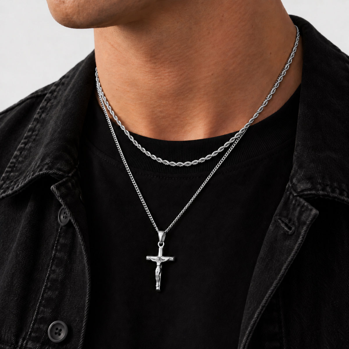 Crucifix Pendant Rope Silver Set