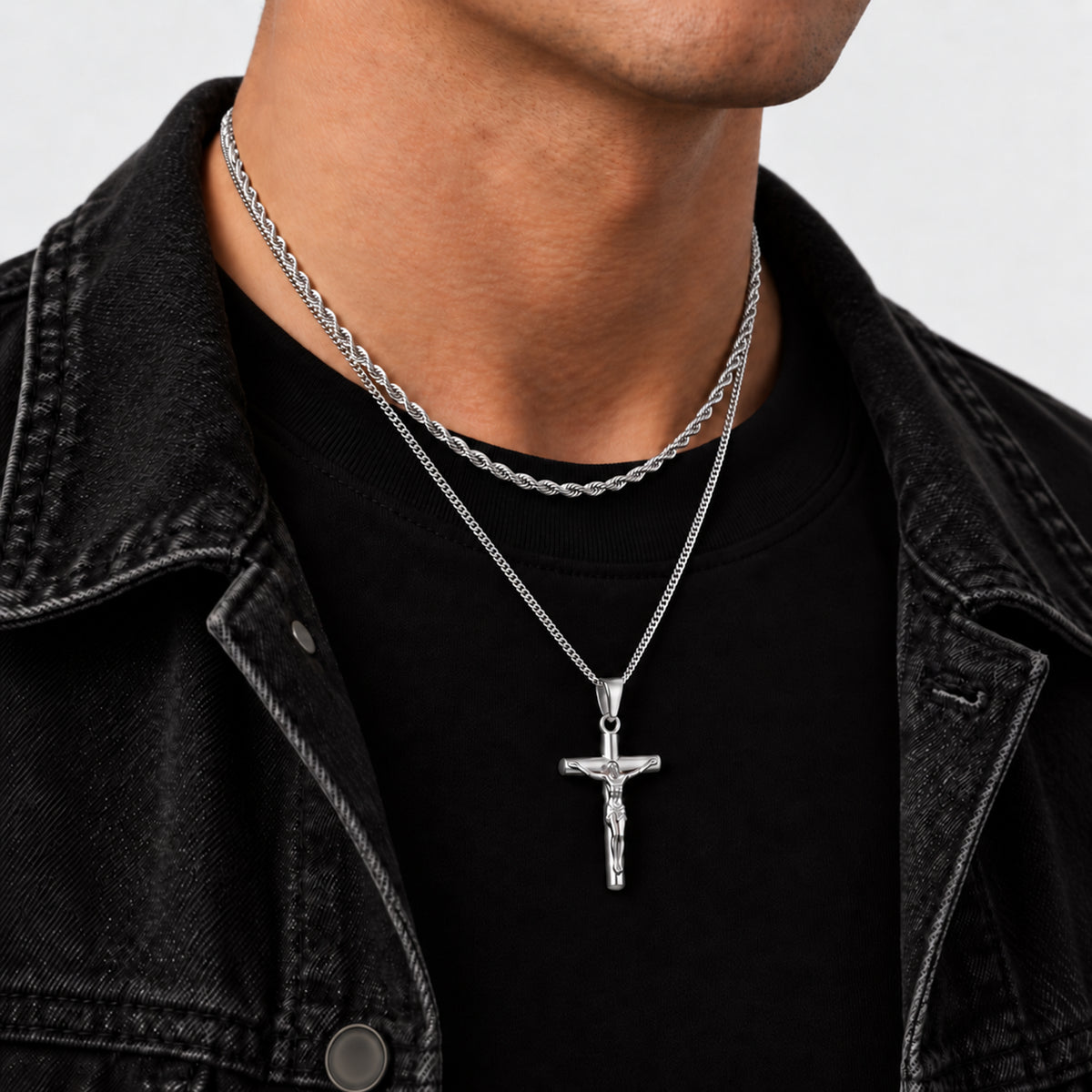 Crucifix Pendant Rope Silver Set