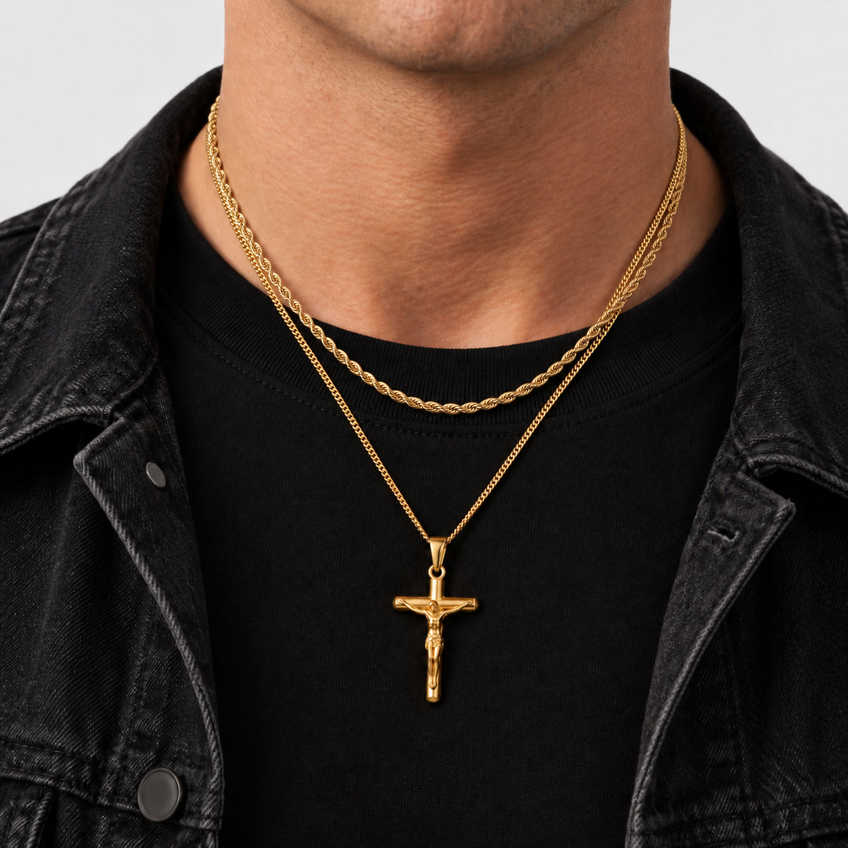 Crucifix Pendant Rope Silver Set